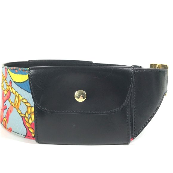 CELINE Wide Belt with Scarf Pattern Waist Bag Leather Silk Women's Black - Picture 4 of 12